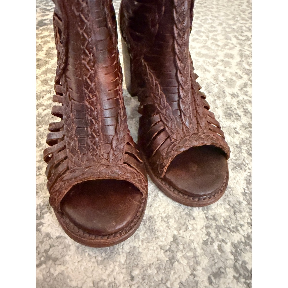 Freebird by Steven Bela Brown Leather Woven Huarache Peep Toe Booties Size 8 - Picture 5 of 10